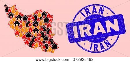 Fire Hazard And Realty Collage Iran Map And Iran Corroded Stamp Seal. Vector Collage Iran Map Is Des