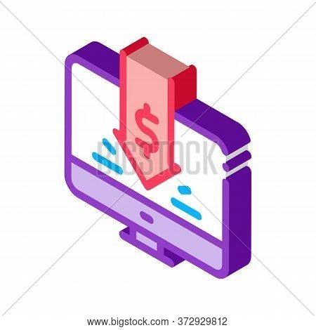 Dropped Cash Investment In Computer Icon Vector. Isometric Dropped Cash Investment In Computer Sign.