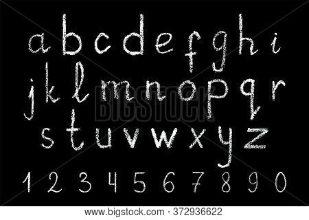 Small Lower Case Thin Handwritten White Chalk Letters And Numbers Isolation On Black Background, Han