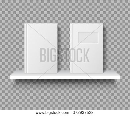 Realistic Book Mockup On Shelf. White Empty Paperback Of Textbook On Bookshelf For School. Booklet C