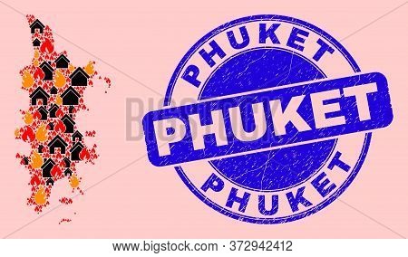 Fire And Houses Combination Phuket Map And Phuket Rubber Stamp Imitation. Vector Collage Phuket Map 