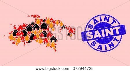 Fire And Buildings Collage Saint John Island Map And Saint Textured Stamp Print. Vector Collage Sain