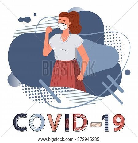 Brunette Woman Wearing Face Medical Mask Show Fight Gesture, Fighting Against Spreading Covid-19. Bl