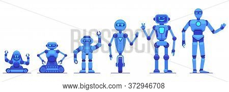 Robots Evolution. Robotics Technology Progress, Futuristic Mechanical Robot Characters, Robots Tech 