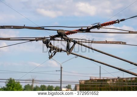 Trolleybus Horns, Wires On The Line For Trolleybuses Close-up Against The Sky.