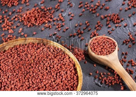 Organic Achiote Seeds - Bixa Orellana. Text Space