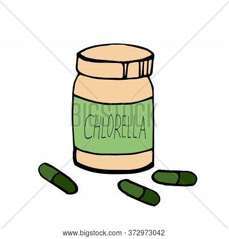 Bottle And Capsules Of Chlorella Hand Drawn In Doodle Style. Single Element For Design. Super Food, 