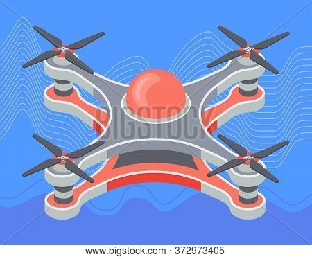 Red Drone Flying Closeup At Skyvector, Isolated Device With Propeller Flight Of New Technologies. Fl