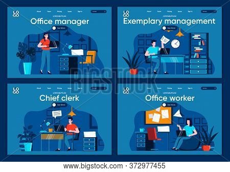 Office Management Flat Landing Pages Set. Tasks Management And Planning, Work Organization Scenes Fo