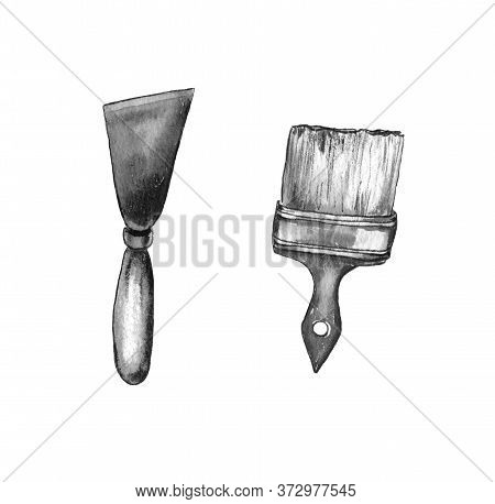 Watercolor Illustration Of A Black And White Image Of The Repair Tools.spatula And Paint Brush. Isol