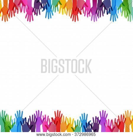 Color Hand Print Border Isolated White Background, Vector Illustration