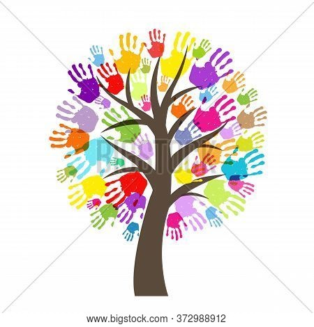 Green Hand Print Tree Isolated White Background, Vector Illustration