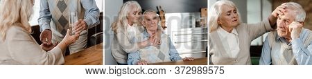 With Ill Elderly Couple Sitting At Home On Self Isolation, Panoramic Orientation