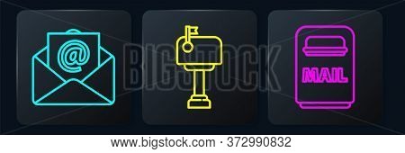 Set Line Mail And E-mail, Mail Box And Mail Box. Black Square Button. Vector