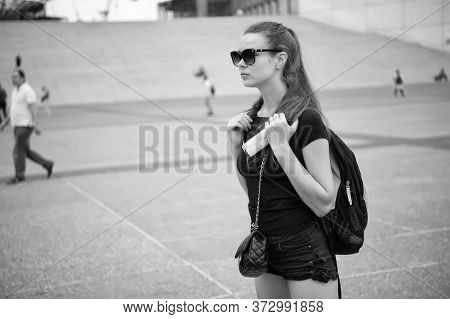 Life Is Adventure. Pretty Woman See Sights Of City. Sexy Traveler On Urban Scene. Being Adventurer. 