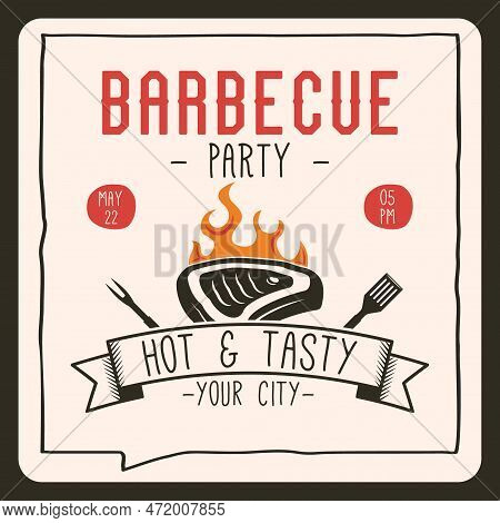 Bbq Party Card Template With Steak. Bbq Grill Square Card For Social Media Marketing. Barbecue Post 