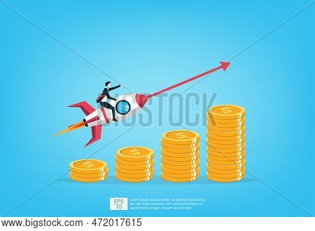 Smart Businessman Takeoff With The Rocket Flying Symbol, Successful Business Startup, Profitable Inv