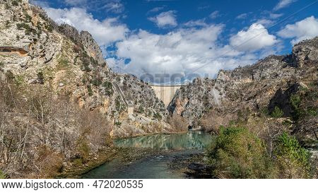 Dam And Hydro Power Plant. Winter Landscape On The Dam In The City Of Manavgat