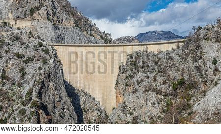 Dam And Hydro Power Plant. Winter Landscape On The Dam In The City Of Manavgat