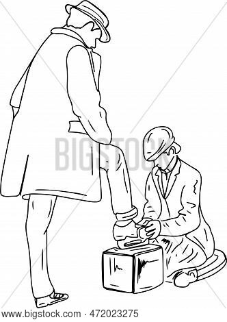 Sketch Drawing Of Retro Old Vintage Boot Polish Doing Boy Image, Line Art Vector Illustration Of Vin