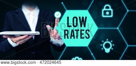 Handwriting Text Low Rates. Business Showcase A Cost Of An Item Or Service Which Is Usualy At Its Sm