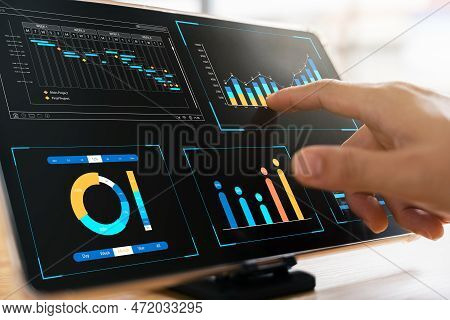 Businessman Analyzing Business Enterprise Data Management, Business Analytics With Charts, Metrics A