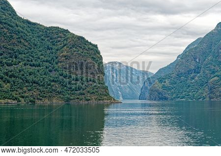 Travel Destination North Of Europe: View Of Aurlandsfjord On Approach To Flaam, Norway. Beautiful Vi