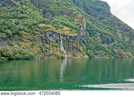 Travel Destination North Of Europe: View Of Aurlandsfjord On Approach To Flaam, Norway. Beautiful Vi