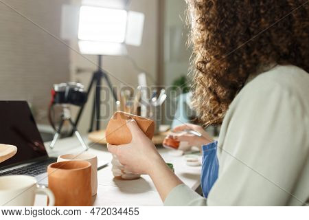 Females Potter In Blue Apron Making A Vlog, Recording Online Course, Clay Master Class, Lessons In H