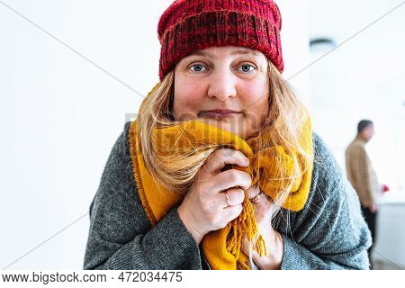 Middle-aged Blonde Woman, Wearing Knitted Hat, Warm Scarf, Suffering From Viral Disease, Fever, Look