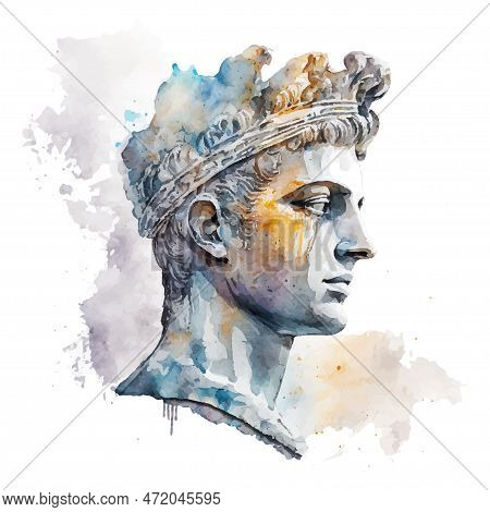 Contemporary Art With Antique Statue Head Watercolor Illustration. Work Of Art Of The Era Of Excitem