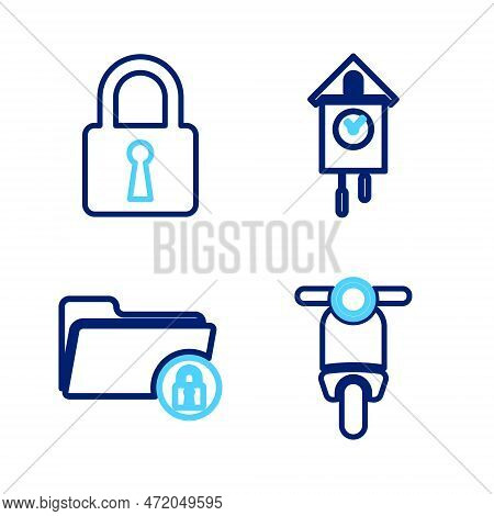 Set Line Scooter, Folder And Lock, Retro Wall Watch And Lock Icon. Vector