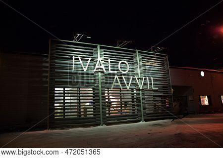 Facade Of Ivalo Airport Building At Night. Arrival Airport For Tourist Looking For Northern Lights. 