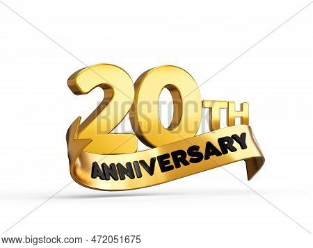 20th Or Twentieth Anniversary In Gold On White Background With Shadow. 3d Illustration