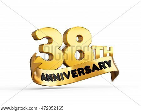38th Or Thirty Eighth Anniversary In Gold On White Background With Shadow. 3d Illustration