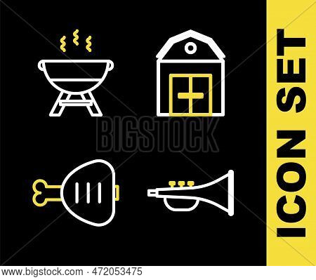 Set Line Farm House, Musical Instrument Trumpet, Chicken Leg And Barbecue Grill Icon. Vector