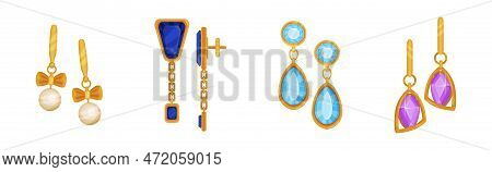 Jewellery Or Jewelry Item As Personal Adornment With Earrings And Pendant Ornament Vector Set
