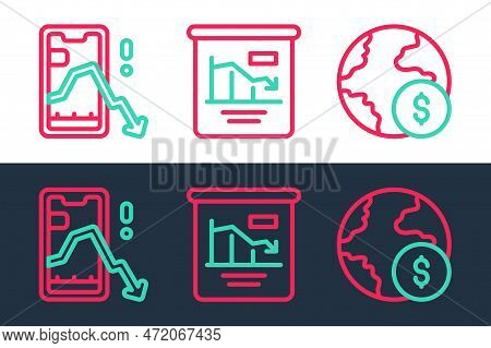 Set Line Global Economic Crisis, Mobile Stock Trading And Pie Chart Infographic Icon. Vector