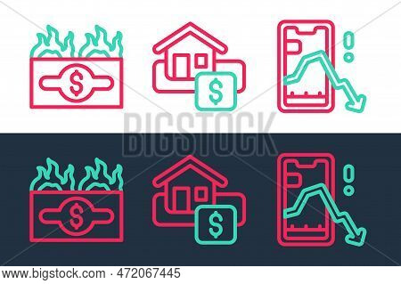 Set Line Mobile Stock Trading, Burning Dollar Bill And Hanging Sign With Sale Icon. Vector