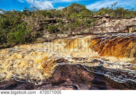 The Tiburtino Waterfall In Mucuge, In The Chapada Diamantina, In Bahia, Brazil Running Over Rocks An