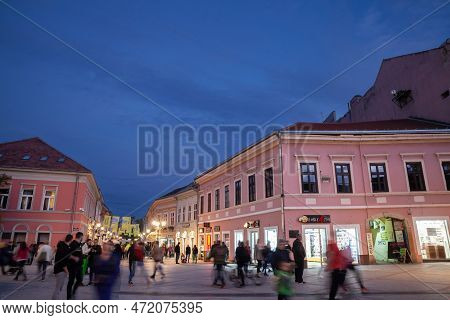 Novi Sad, Serbia - October 15, 2022: Selective Blur On Dunavska Ulica Street At Night, One Of The Pe