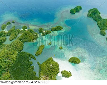 Aerial View Of Bay And Lagoon With Islands. Seascape In The Tropics. Sipalay, Negros, Philippines.