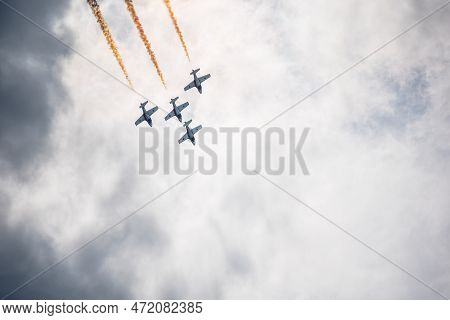 Moose Jaw, Saskatchewan, Canada- July 5, 2019: Royal Canadian Air Force Snowbirds Practicing Over Th