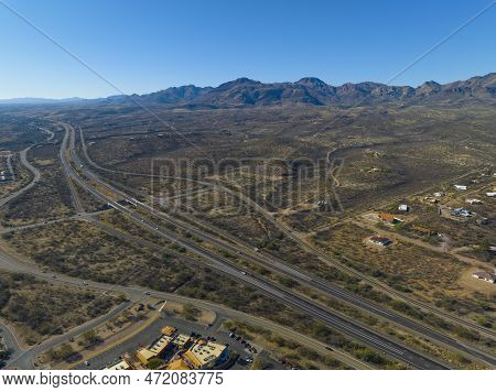 Interstate Highway 19 Aerial View With Tumacacori Mountains At The Back From Town Of Tubac In Santa 