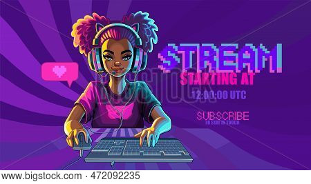 African Girl Gamer Or Streamer With Cat Ears Headset Sits In Front Of A Computer