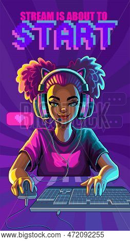 African Girl Gamer Or Streamer With Cat Ears Headset Sits In Front Of A Computer