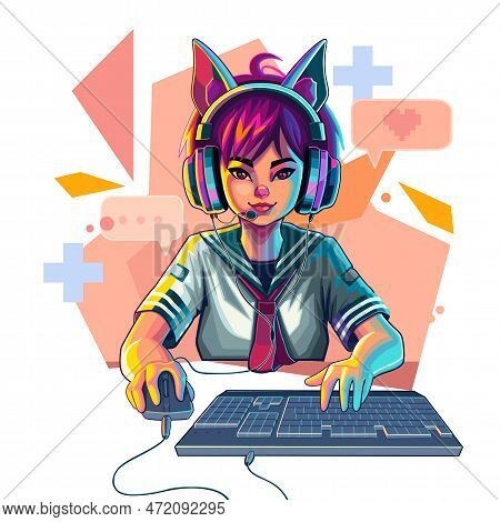 Asian Girl Gamer Or Streamer With Cat Ears Headset Sits In Front Of A Computer