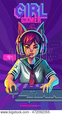 Asian Girl Gamer Or Streamer With Cat Ears Headset Sits In Front Of A Computer