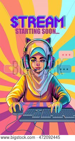 Muslim Girl Gamer Or Streamer With Cat Ears Headset Sits In Front Of A Computer