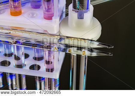 Close Up Laboratory Glass Pipette And Test Tubes. Lab Medicine Reserarch.